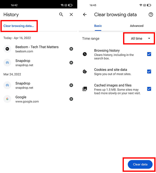 Clear browser data in Chrome on Android