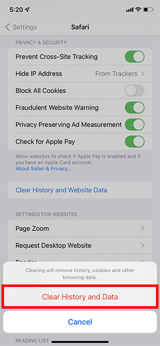 clear history and data in safari settings