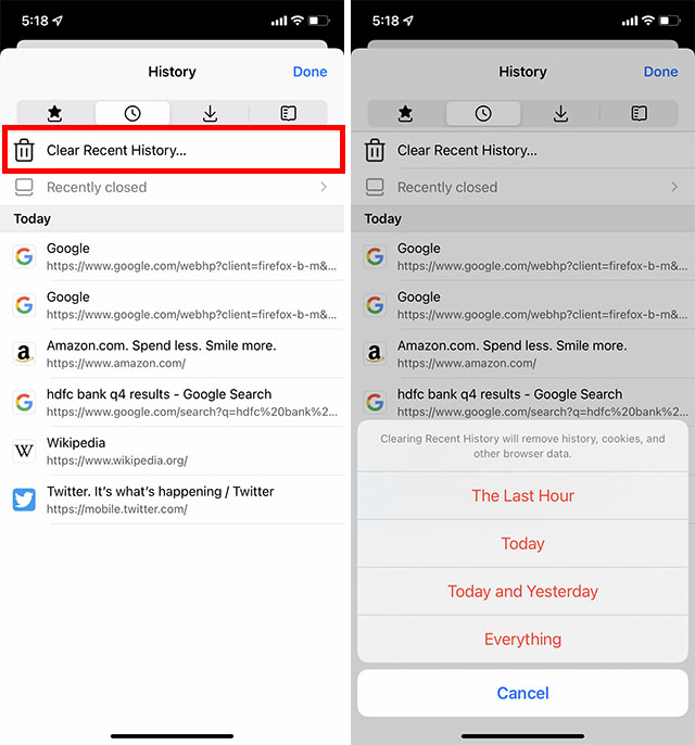 clear history in firefox iphone