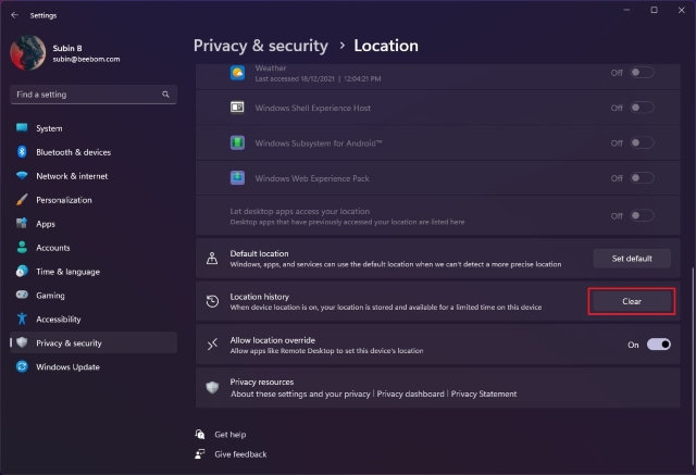 Löschen Sie Den Standortverlauf, Nachdem Sie Die Standortverfolgung In Windows 11 Deaktiviert Haben