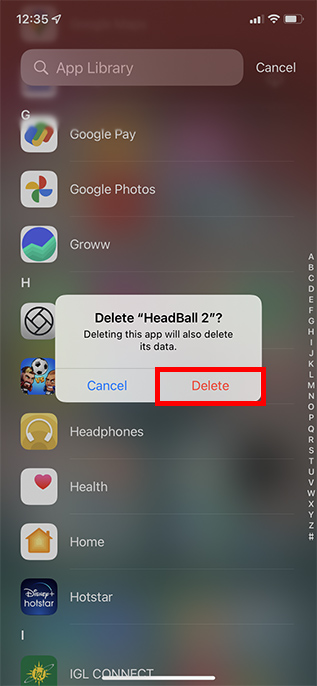 confirm app deletion app library iphone