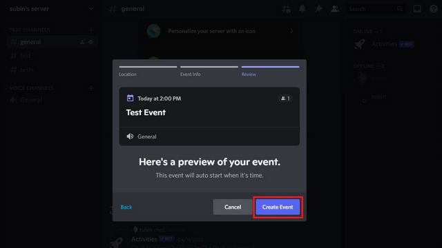 confirm creating event