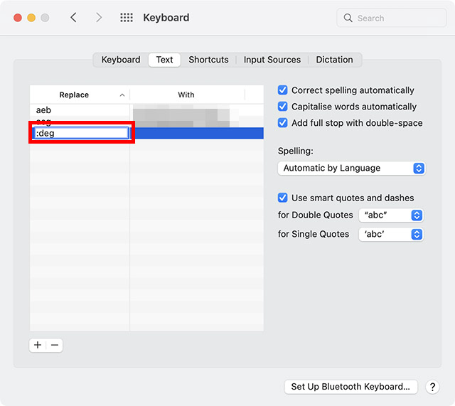 Macలో డిగ్రీ చిహ్నాన్ని టైప్ చేయడానికి కొత్త టెక్స్ట్ రీప్లేస్మెంట్ని సృష్టించండి