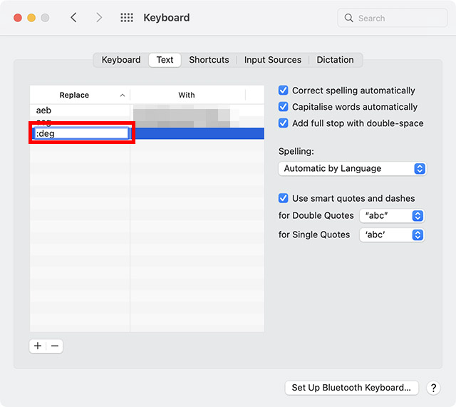 create new text replacement for typing degree symbol in mac