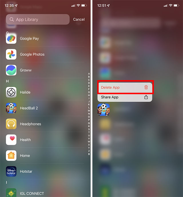 delete iphone apps app library