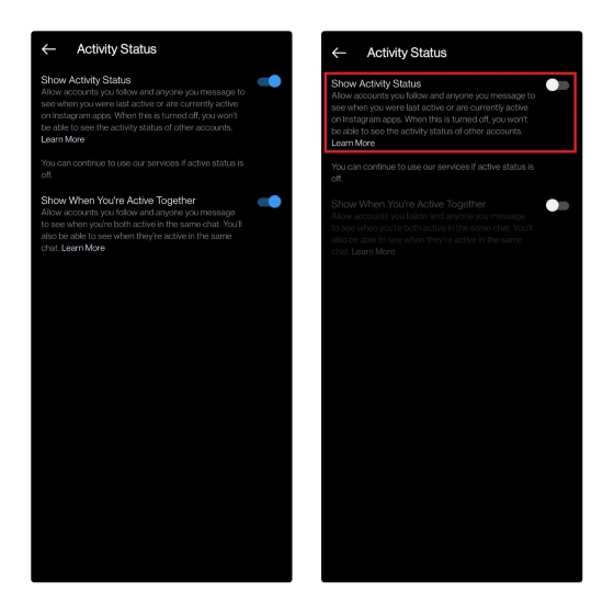 disable activity status on instagram