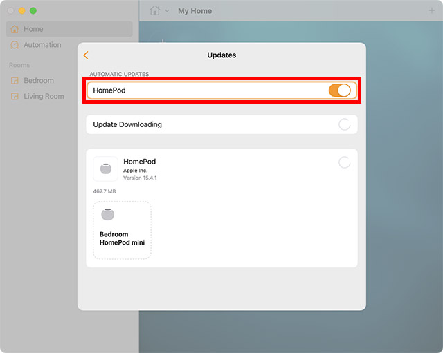 تمكين التحديثات التلقائية لـ homepod في تطبيق mac home