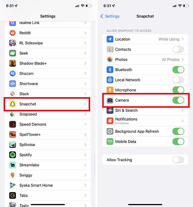 enable snapchat camera permission iphone
