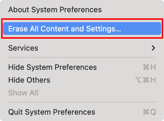option to erase all content and settings on macs with Apple Silicon or T2 security chip