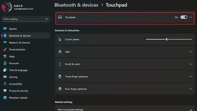expand touchpad settings