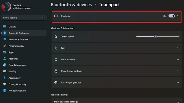 expandir as configurações do touchpad