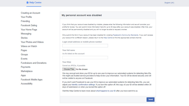 fill facebook appeal form when Facebook account gets disabled