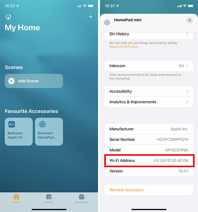 homepod mini mac address in the home app on iPhone