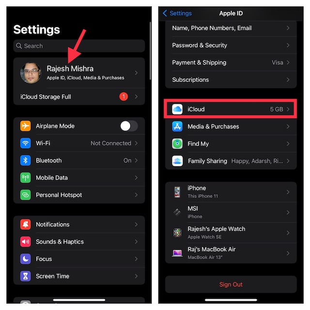 iCloud setting on iPhone