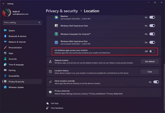 let desktop apps access location toggle