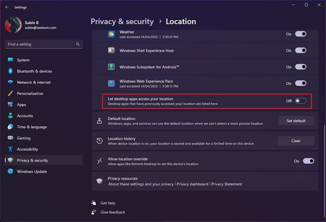 let desktop apps access location toggle