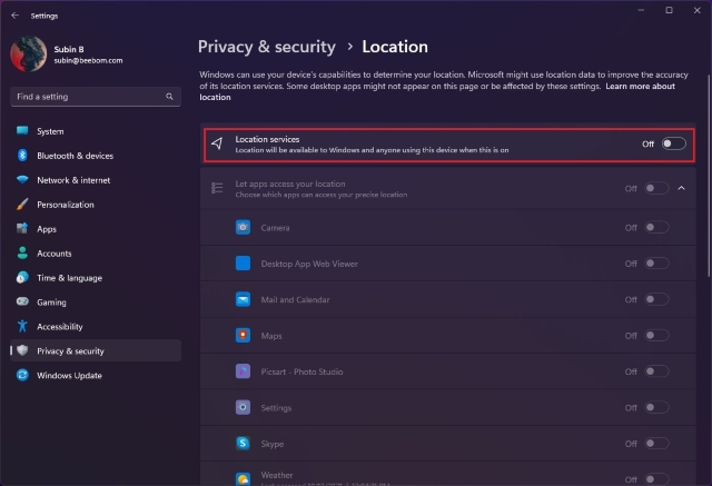 location services toggle to disable location tracking in Windows 11