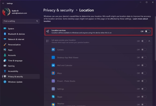 Standortdienste Umschalten, Um Die Standortverfolgung In Windows 11 Zu Deaktivieren