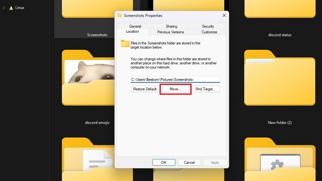 Como alterar o local da pasta de captura de tela no Windows 11 (2022) 1 mover pasta de capturas de tela