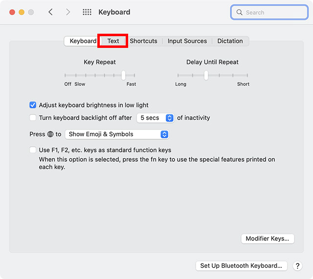 మాకోస్ కీబోర్డ్ సెట్టింగ్లలోని ఎంపికలు