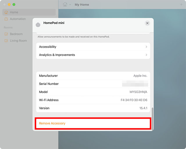 remove accessory mac home app reset homepod mini