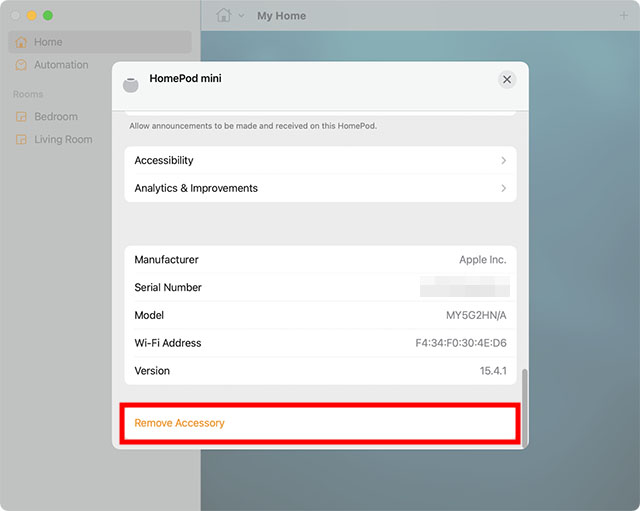 Supprimer Accessoire Mac Home App Réinitialiser Homepod Mini