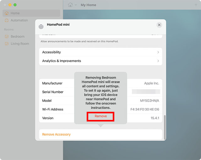 reset homepod mini confirmation mac home app