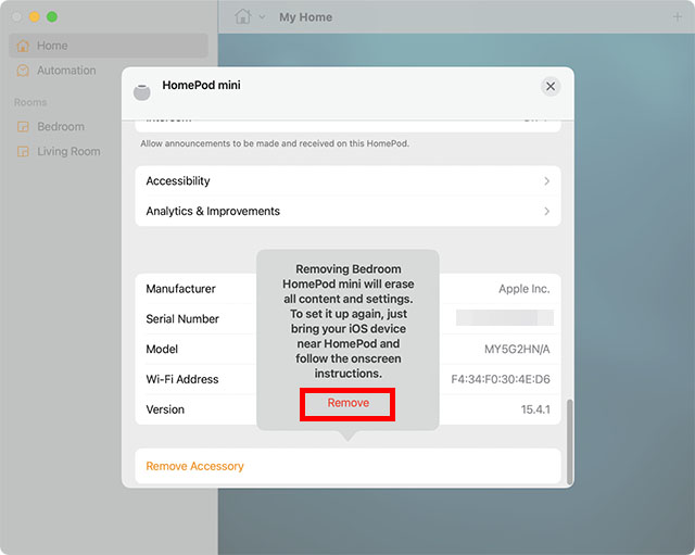 Réinitialiser Homepod Mini Confirmation Mac Home App