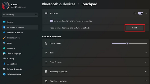 reset touchpad settings
