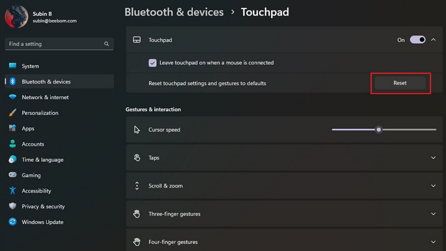 redefinir as configurações do touchpad