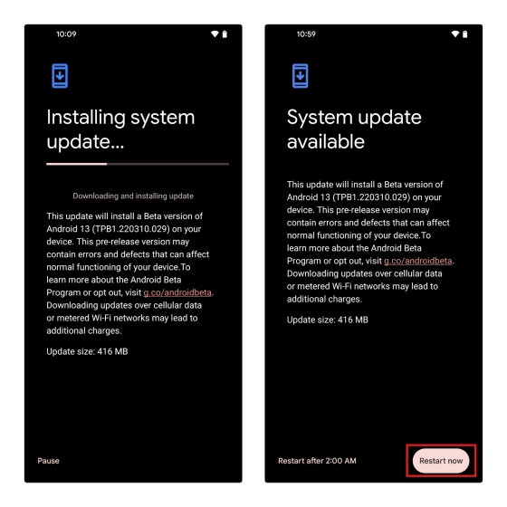 restart after installing Android 13 beta