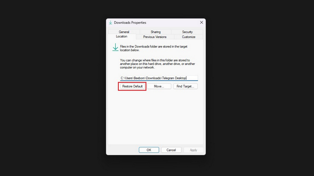 restore default downloads folder