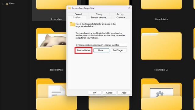 restore default screenshot folder in windows 11
