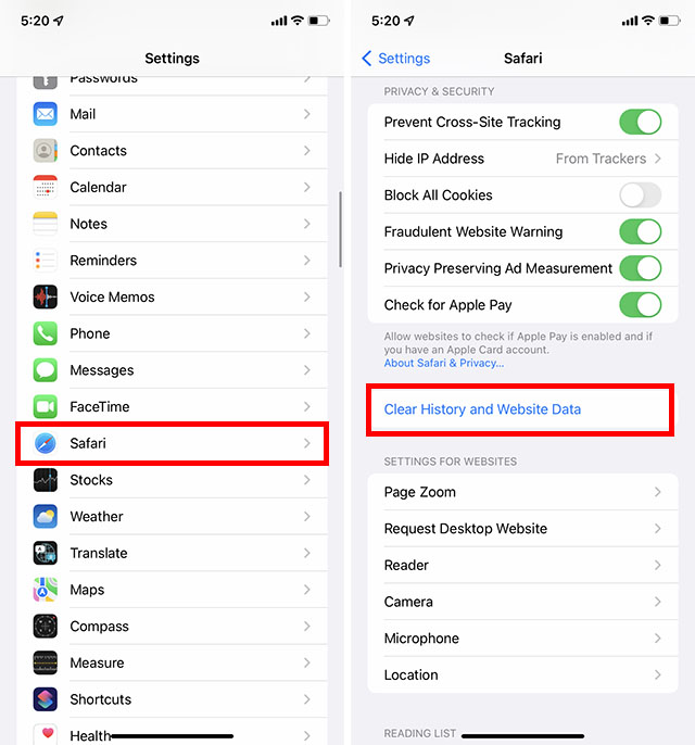 safari settings to clear browser data