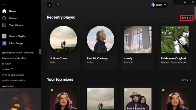 посмотреть все недавно проигранные Spotify