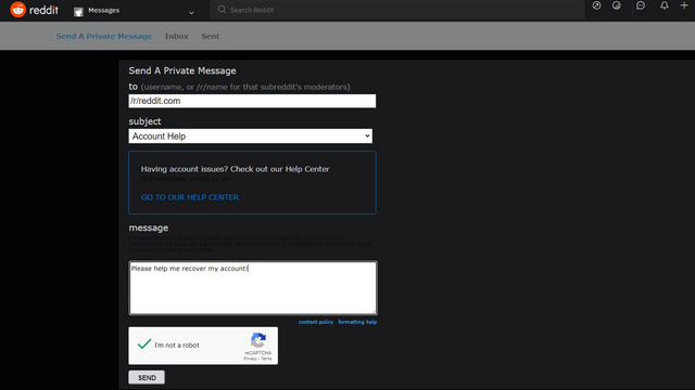 send a private message to reddit
