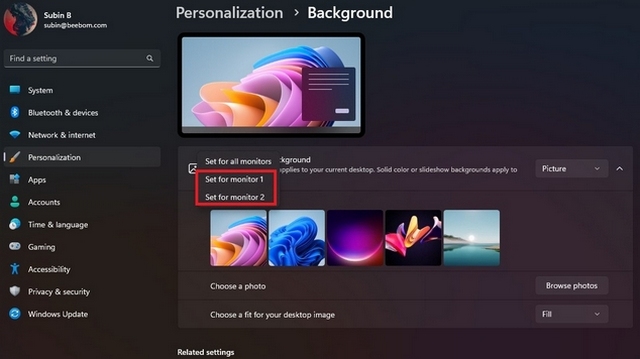 set Windows 11 wallpaper for monitor 1 and 2