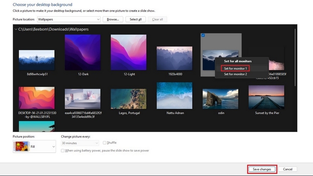 Como definir um papel de parede diferente em cada monitor no Windows 11 6 defina para monitor 1 ou 2 e salve as alterações