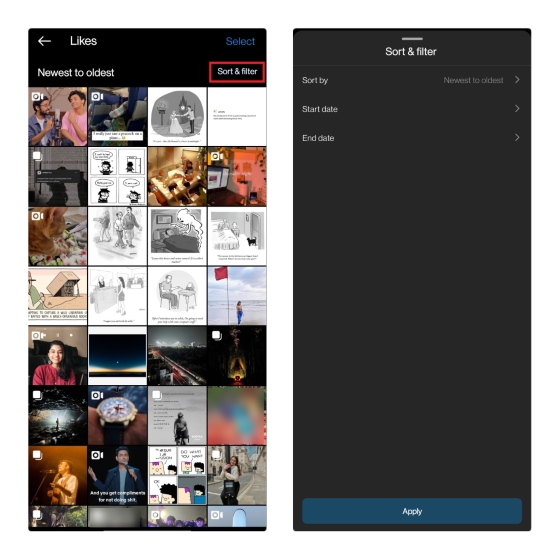 sort and filter instagram posts