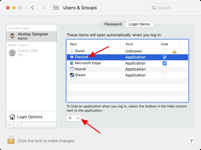 pare a inicialização automática da discórdia no mac