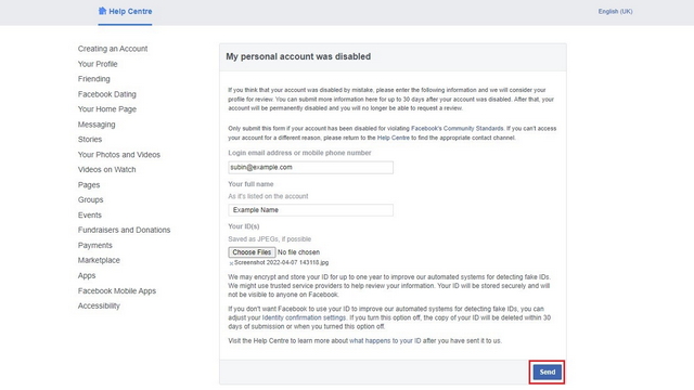 submit facebook appeal 