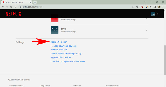 test participation option in Netflix settings