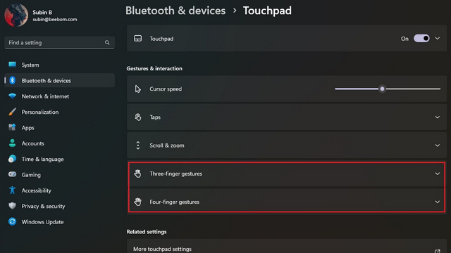 gestos e interação do touchpad