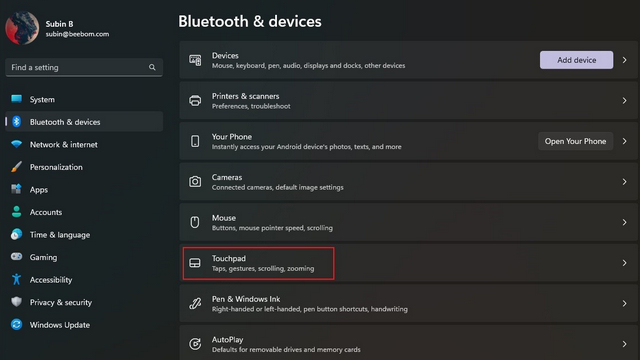 touchpad settings on windows 11