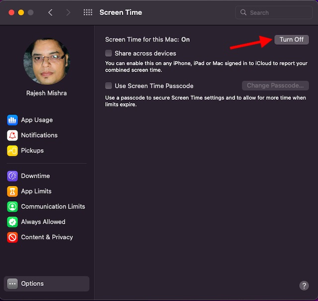 turn off Screen Time on Mac