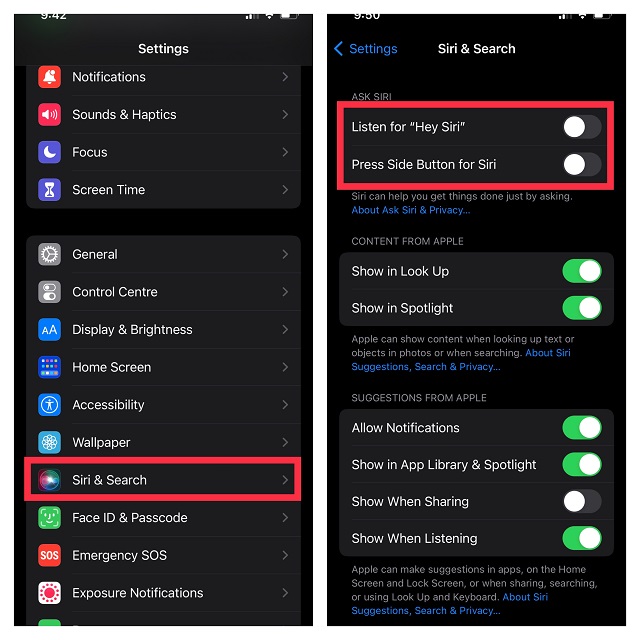 turn off the switch right next to “Listen for Hey Siri” and  Press Side Top button