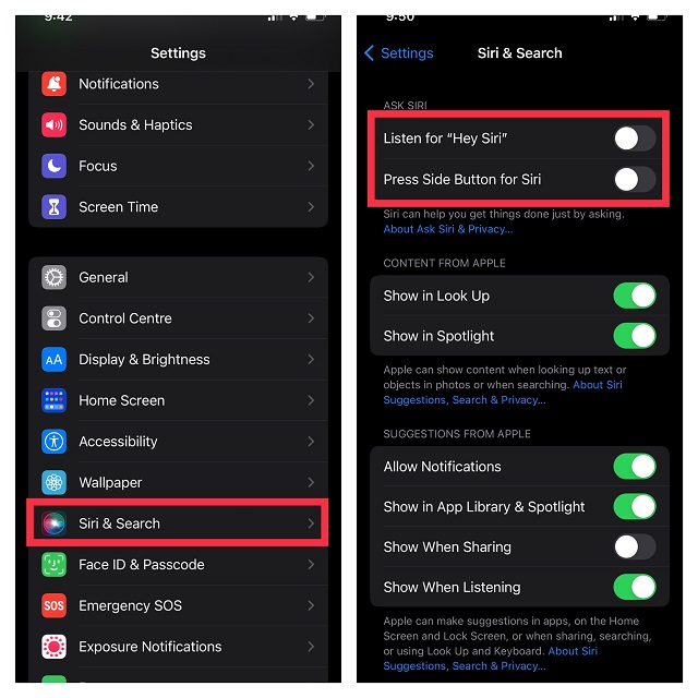 turn off the switch right next to “Listen for Hey Siri” and Press Side Top button