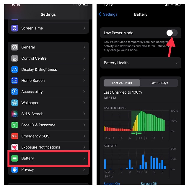 turn off the toggle next to Low Power Mode