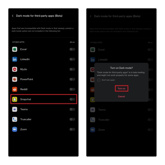 turn on dark mode for snapchat