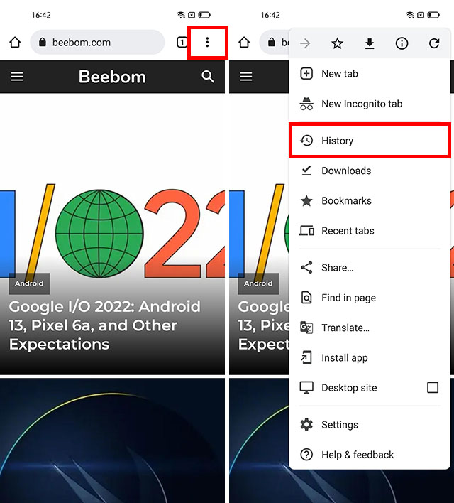 عرض محفوظات المتصفح chrome android